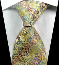New Classic Paisley Yellow Purple Blue Jacquard Woven 100 Silk Mens Tie Necktie