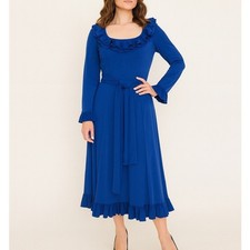 VINTAGE Victor Costa Blue Ruffle Dress Sz 10 Long Sleeve Nylon Tie Belt