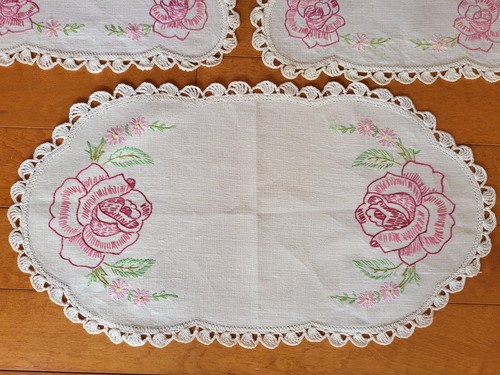 3 Vintage Hand Embroidered Doilies Pink Roses Crochet Lace Linen Fabric