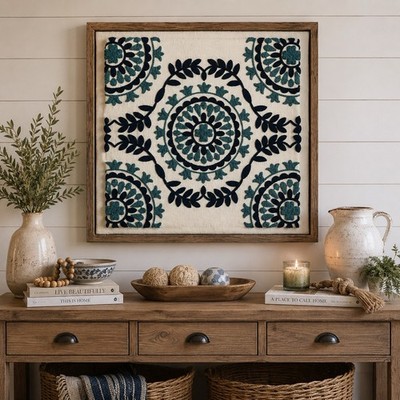 Vtg Trademark Fine Art  'Aqua Medallions II' Textile Art Made in USA Framed