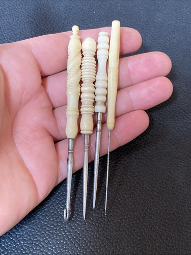 13 Bone Sewing Tool Stiletto Bodkin Awl Ribbon Threader Lace Crochet Hook Ornate - Picture 10 of 24