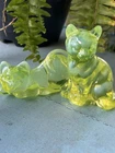 Pair Fenton Opalescent Vaseline Cats UV