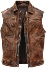Men's Brown Distressed Real Sheepskin Leather Motorcycle Biker Vest
