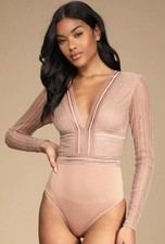 Lulus Casita Beige Sheer Lace Long Sleeve Bodysuit Small Plunge V-Neck Bodycon