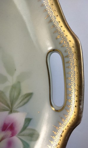 Antique Germany Handpainted Cake Plate Floral With Handles Trimmed In Gold - Picture 3 of 6