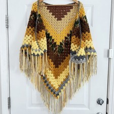 Vintage 1970s Hand Crochet Fringe Shawl Boho Hippie Sunflower Earth Colors Wrap