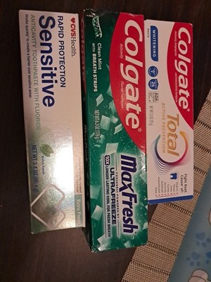 3 toothpaste .13 oz. colgate and cvs health. whitening. ultrafresh. extra fresh