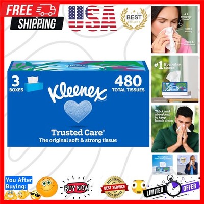 Trusted Care Facial Tissues, 3 Flat Boxes, 160 Tissues per Box, 2-Ply 480 Tot...