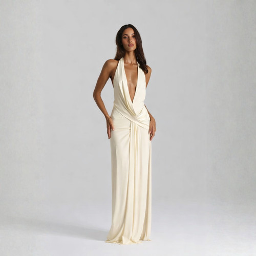 Elegant Cream Halter Maxi Dress Deep V Neck Draped Formal Evening Gown