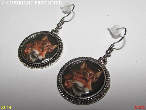 steampunk earrings fox reynard goggles hypoallergenic stainless steel #ER42 - Picture 4 of 5