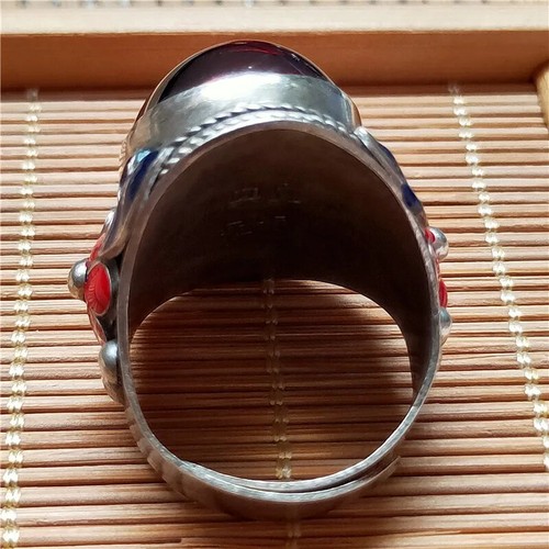 Chinese Bronze Antique Jewelry Silver Inlaid with Ruby Ring Antique - Picture 4 of 5