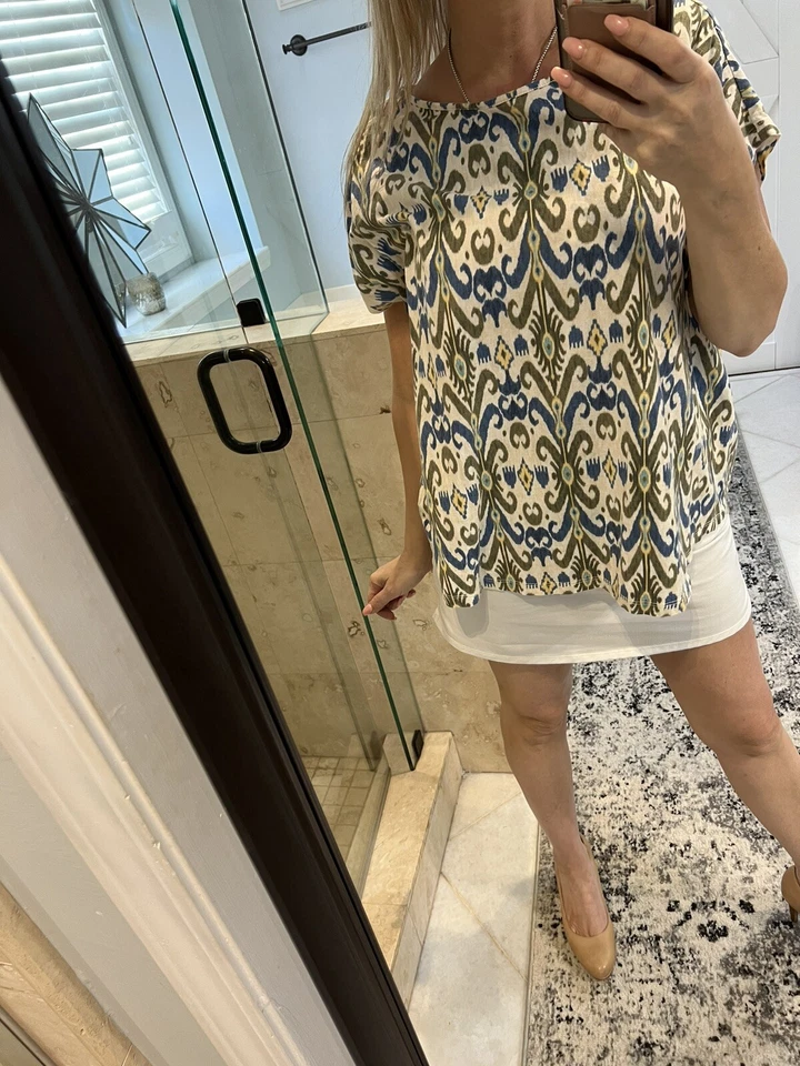 Blusa para mujer Chaps 2X Plus manga corta kimono algodón Ikat azul verde Foto 2 de 4