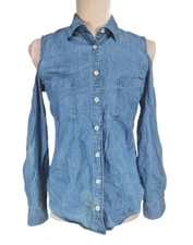 GUESS Blue Chambray Button Up Shirt Women Size XS Cold Shoulder Long Sleeve
