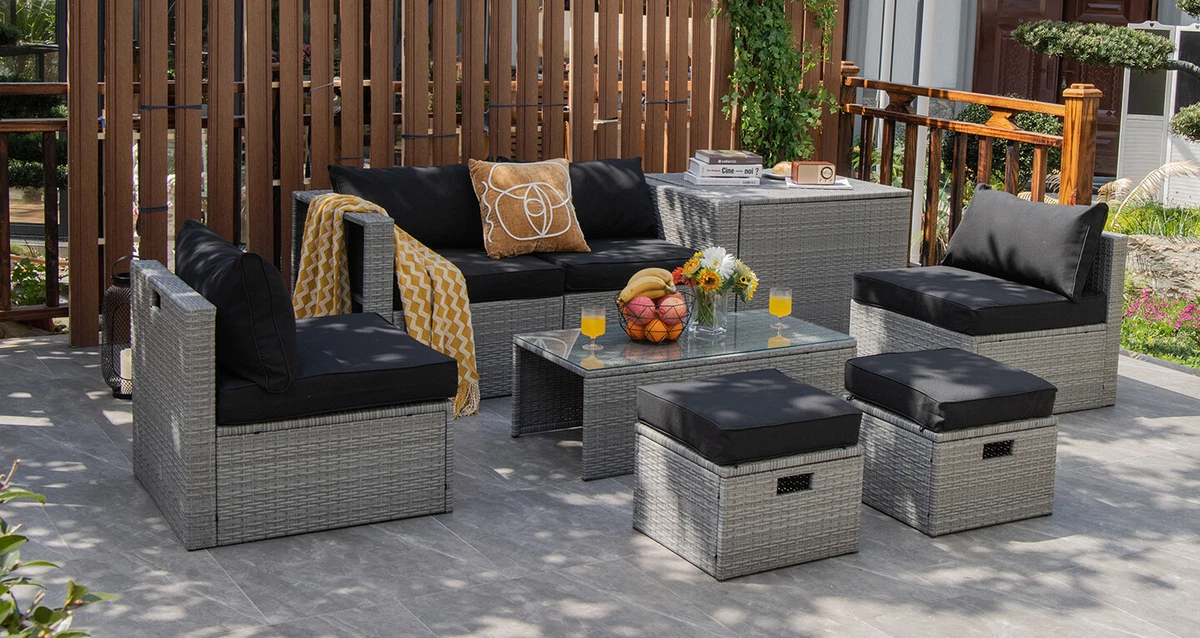 8 Piece Outdoor Patio Furniture Set Space Saving Conversation Set w Storage Box