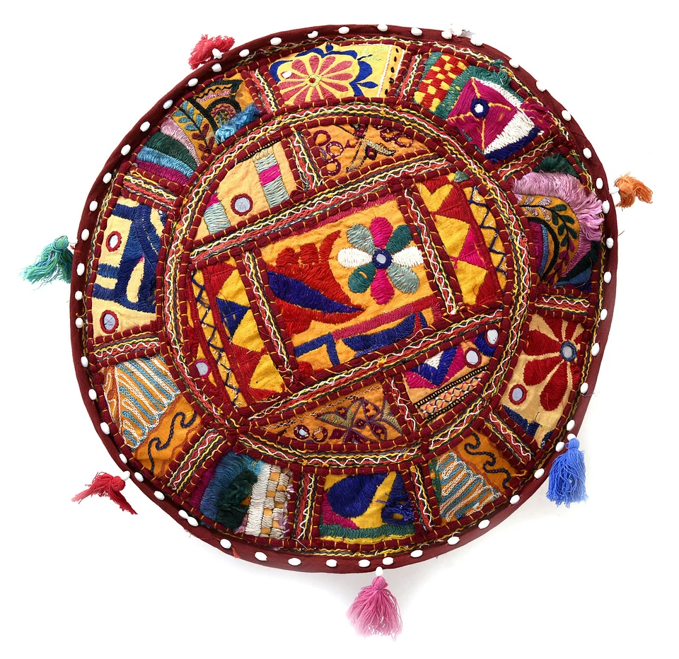 Pufe Otomano Redondo Pufe Poof Indiano Banqueta Pés Almofada de Chão Decoração Étnica - Imagem 2 de 3