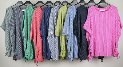 NEW LADIES ITALIAN STRIPE BOXY COMFY LIGHTWEIGHT DRAWSTRING TIE SIDES COTTON TOP
