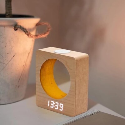 Wooden Digital Alarm Clock with LED Light - Adjustable Brightness, 3 Alarm