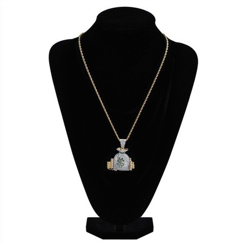 Gold Money Bag Hip Hop Pendant Necklace Jewelry, Cubic Zirconia, Great Gift - Picture 3 of 7