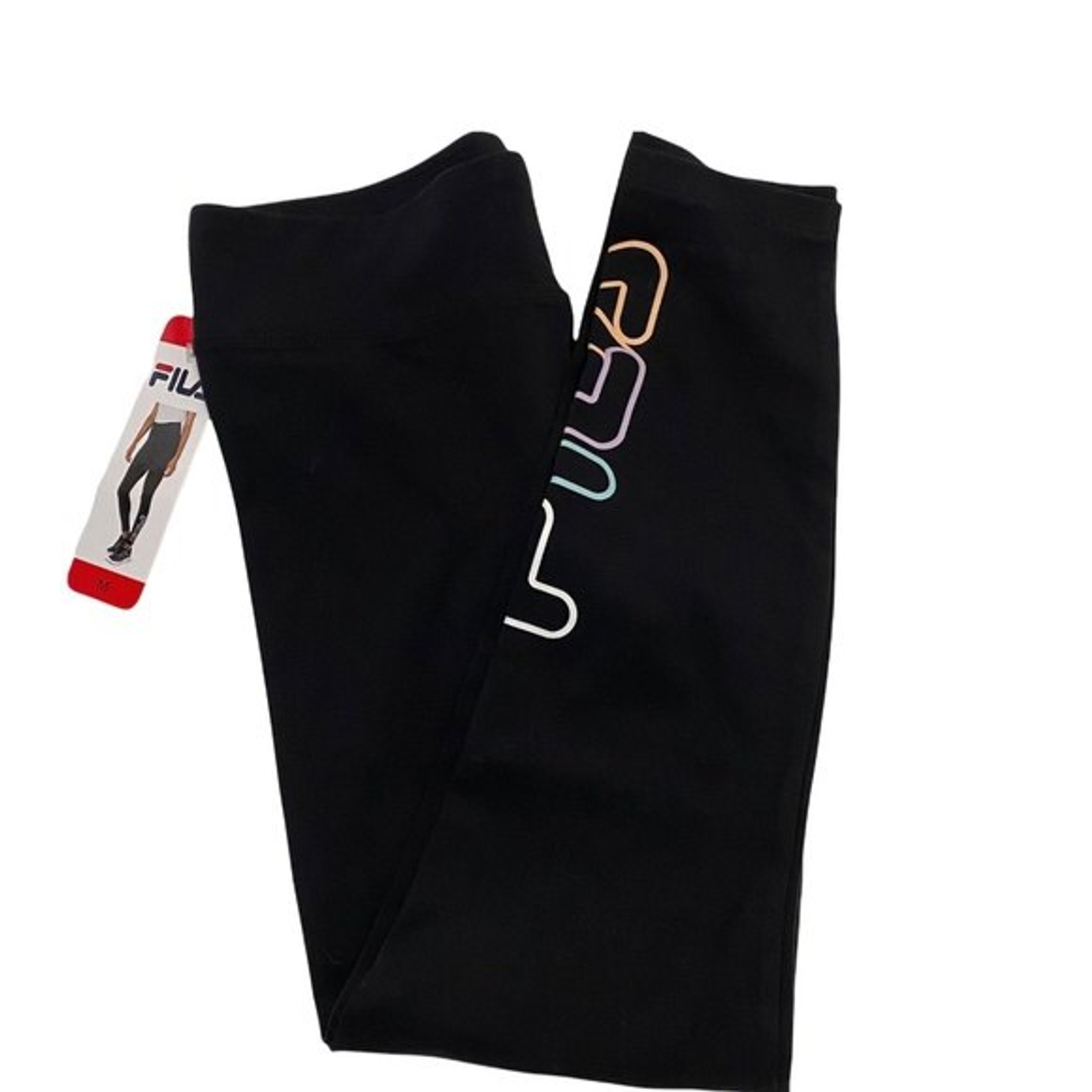FILA Leggings Donna Nero Multicolore Logo Gamba Activewear Yoga Taglia Media Nuovo con etichette