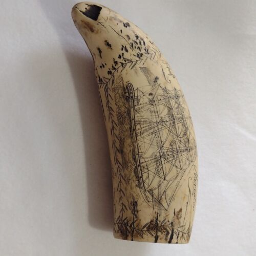 Schiffe Mercutor / Frauen mit Harfe, Scrimshaw Wal/Walross Zahn, 6 1/4" Replik - Bild 2 von 10
