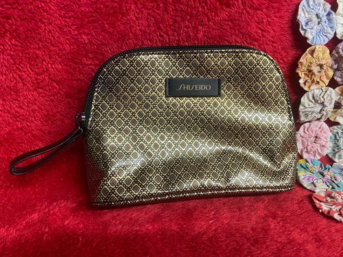Shiseido Small Gold on Black Clutch or Make-up Purse Black Trim Neat Design 