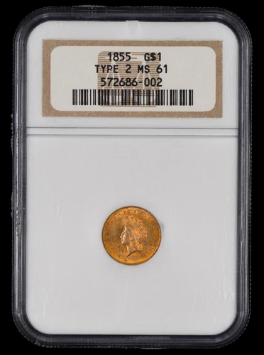 1855 Type 2 $1 Gold NGC MS61 Toned