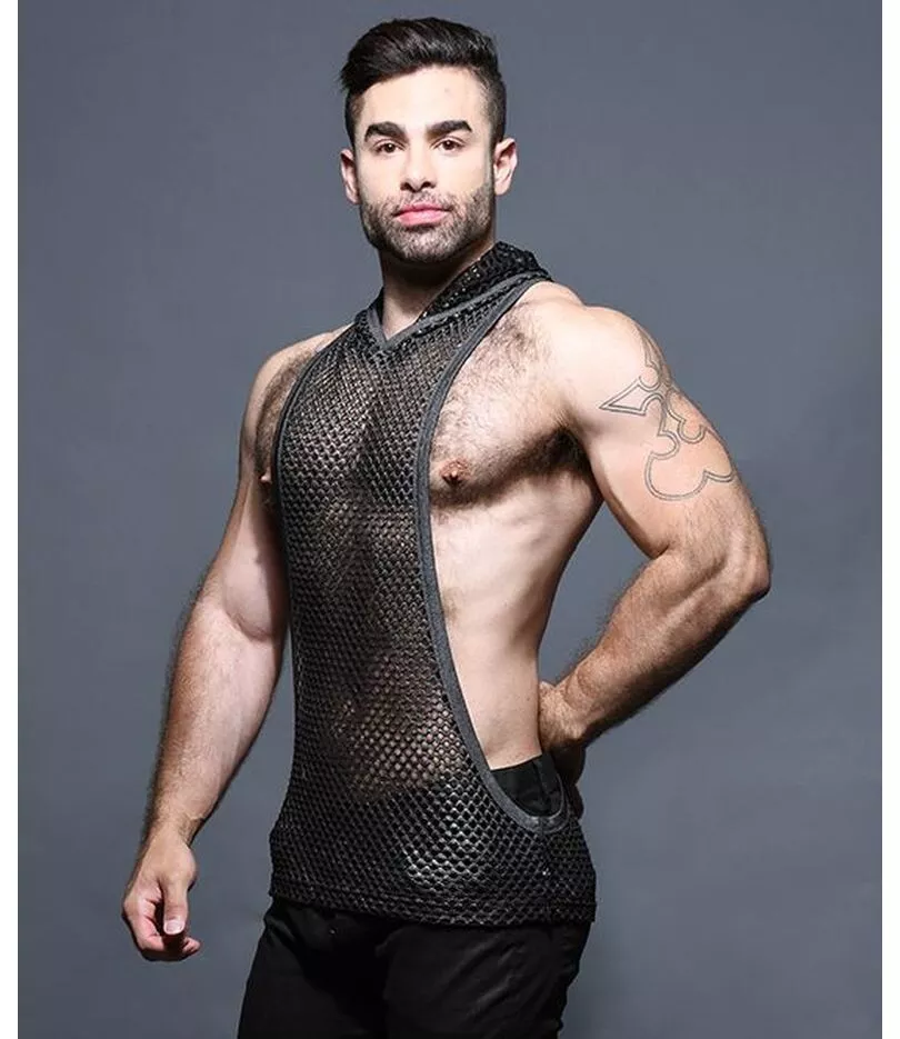 Last One Andrew Christian Men s Glitter Mesh Gym Hoodie Big Pecs