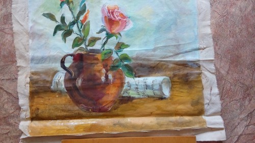 Dipinto olio originale d'epoca cultura ucraina dolore due rose in vaso 20х16in - Foto 5 di 12