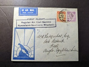 1934 British Nyasaland Airmail First Flight Cover FFC Blantyre to Kosti Sudan