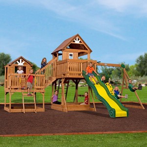 Backyard-Discovery-Wood-Swing-Set-2-Playhouse-Pretend-Kitchen-Sandbox-Wooden