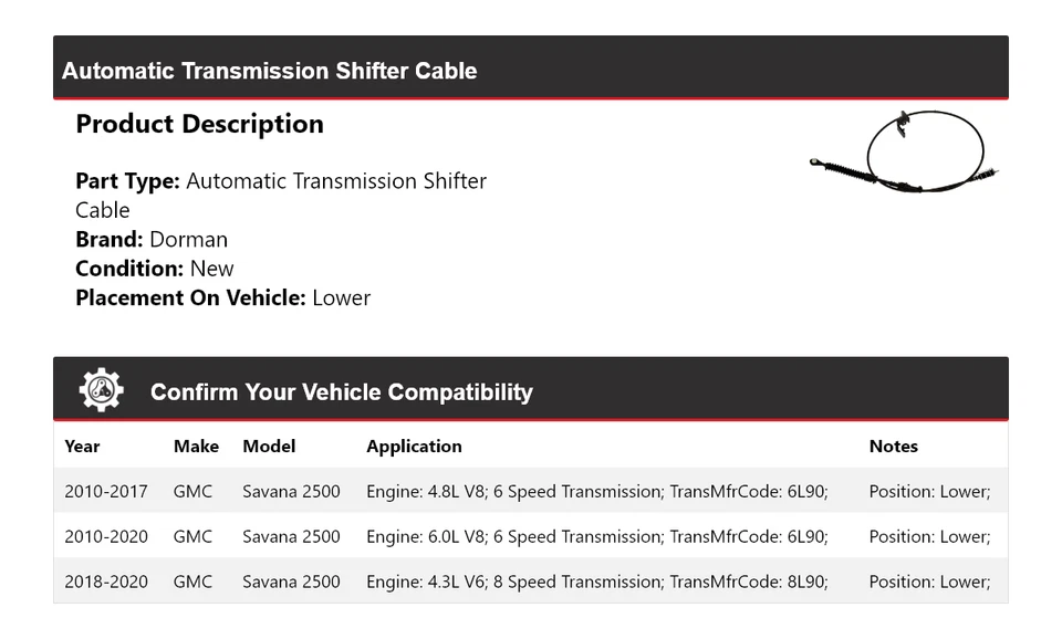 Cable de palanca de cambios inferior de transmisión automática para GMC Savana 2500 Dorman 2010-2020 Foto 2 de 4