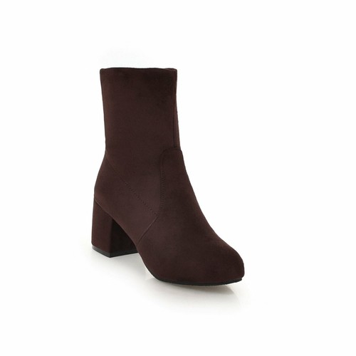 Women's Mid Block Heel Shoes Black/Blue/Brown Suede Fabric Round Toe Ankle Boots - Picture 26 of 31