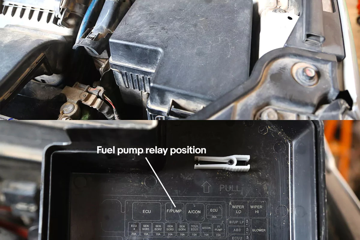The black fuse box (top) and the location of the fuel pump relay fuse (bottom).