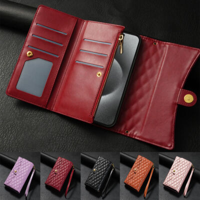 Grid Leather Wallet Phone Case for iPhone 11 12 13 14 15 16 Pro Max XR X 7 8 SE