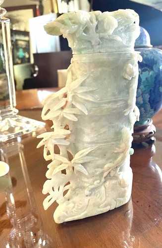 Rare White Mutton Fat Nephrite Hetian Jade Carved Covered Brush Pot 7.5" $8000 - Picture 7 of 12