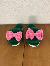 Shiraleah Noel Slippers Pink Green Velvet Bow Women  s L/XL 9-10 Plush Faux Fur