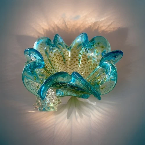 Vintage Venetian Murano Aqua Blue Glass Bowl With  Gold  Flakes. Beautiful
