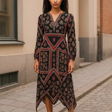 Zara Trafaluc Multicolor Floral Patchwork midi dress Handkerchief Bohemian Sz S