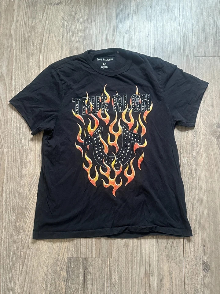 Camiseta True Religion Logo Llama Para Hombre XL Negra Tachonada Herradura Gráfico Rara Foto 2 de 4