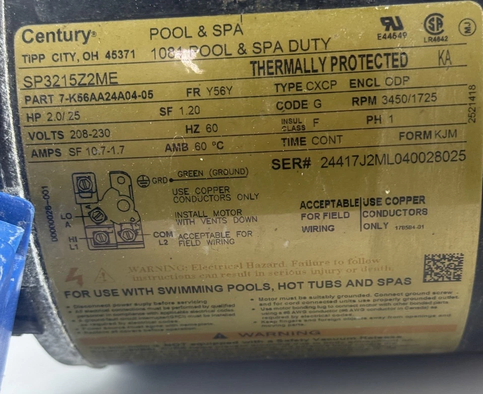 Hayward Century Motor 2.25 HP 208-230VAC (SP 3215Z2ME) - Image 2 of 4