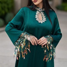 Dubai Women Abaya Evening Dress Long Sleeve Kaftan Gown with Hand-Sewn Crystals