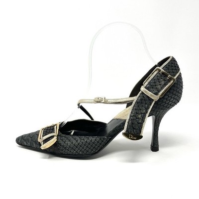 Vintage Christian Dior Galliano CD Logo Buckle High Heels Shoes Black Gold 37 7