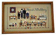 VTG Amish Wedding Cross Stitch Complete Framed Handmade Primitive Wall Art Decor