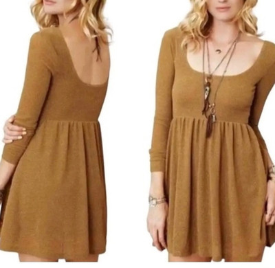 Free People Day & Night Gold Metsllic Long Sleeve Babydoll Dress Size Large