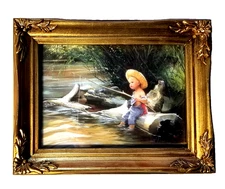 VTG Donald Zolan Little Fisherman Canvas Lithograph Art Replica Gold Wood Frame