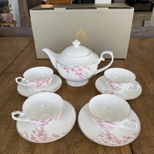 Set da tè giapponese 10 pezzi teiera porcellana piattino tazza da tè Sakura rosa fiori di ciliegio - Foto 12 di 15