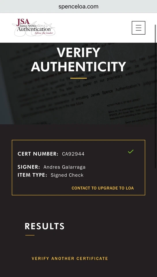 Andres Galarraga Signed Auto 1997 NL All Star Game Payroll Check  JSA Cert - Image 3 of 3