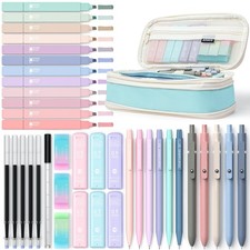 39 Stück Schulsachen mit Mäppchen, 12 Pastell Textmarker, 5 Gelstifte, 6 Druc...
