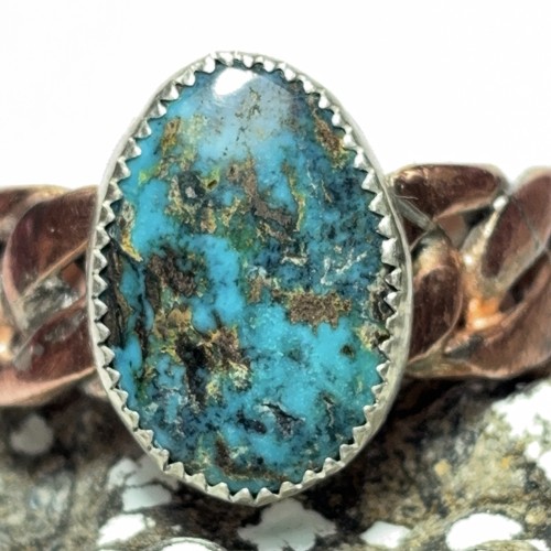 90 Ct Tw Copper Cuban Link & Silver Natural Blue Diamond Turquoise Ring Size 16 - Picture 2 of 18