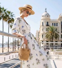 ZARA 🤍 ABITO CAMICIA BLUSA ABITO MIDI COTONE VISCOSA LINO PALME ESTATE M